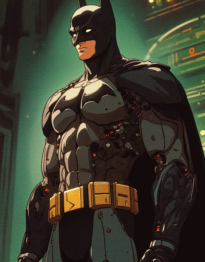 full body view, The image is a digital illustration in a detailed, vibrant, high contrast, semi-realistic art style with 90s retro futuristic anime elements without noise or comic halftone effect. The subject is a Batman. His face showing a serious express...