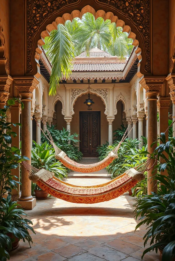 Interior view of a chettinad courtyard but with hammocks hung from the ceiling throughout the courtyard with lots of plants in the ground