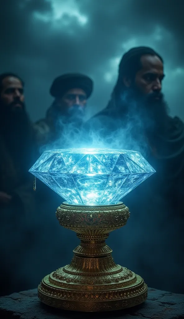 A close-up of the Kohinoor Diamond, glowing with an eerie, mystical aura, resting on an ornate golden pedestal. The diamond radiates a bluish-white light, symbolizing its legendary power and curse. In the background, dark storm clouds swirl, with faint, gh...