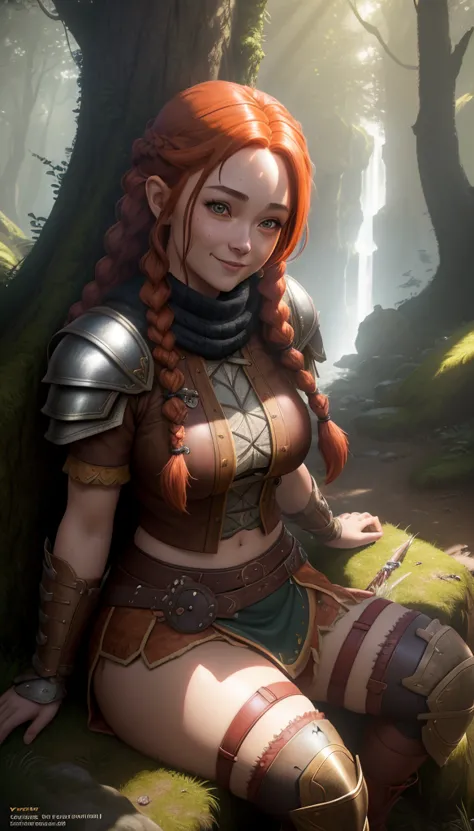 ultra realistic, cutsey anime girl, 4ft 11 inches proportional barbarian halfling woman, Short woman, long red hair with braids, friendly and approachable expression, friendly smile, cute face, big doe eyes, detailed facial features, Sitting position, high...