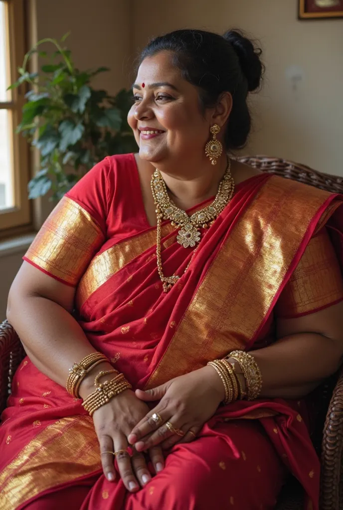  40-year-old married Indian women look at the scenes ,  is wearing shiny and reflective polyester in addition to a large size of transparent white silk, a long sari and a red silk blouse , big and fat butt,wide hips, bites big thighs, Big hollow ,  huge bo...