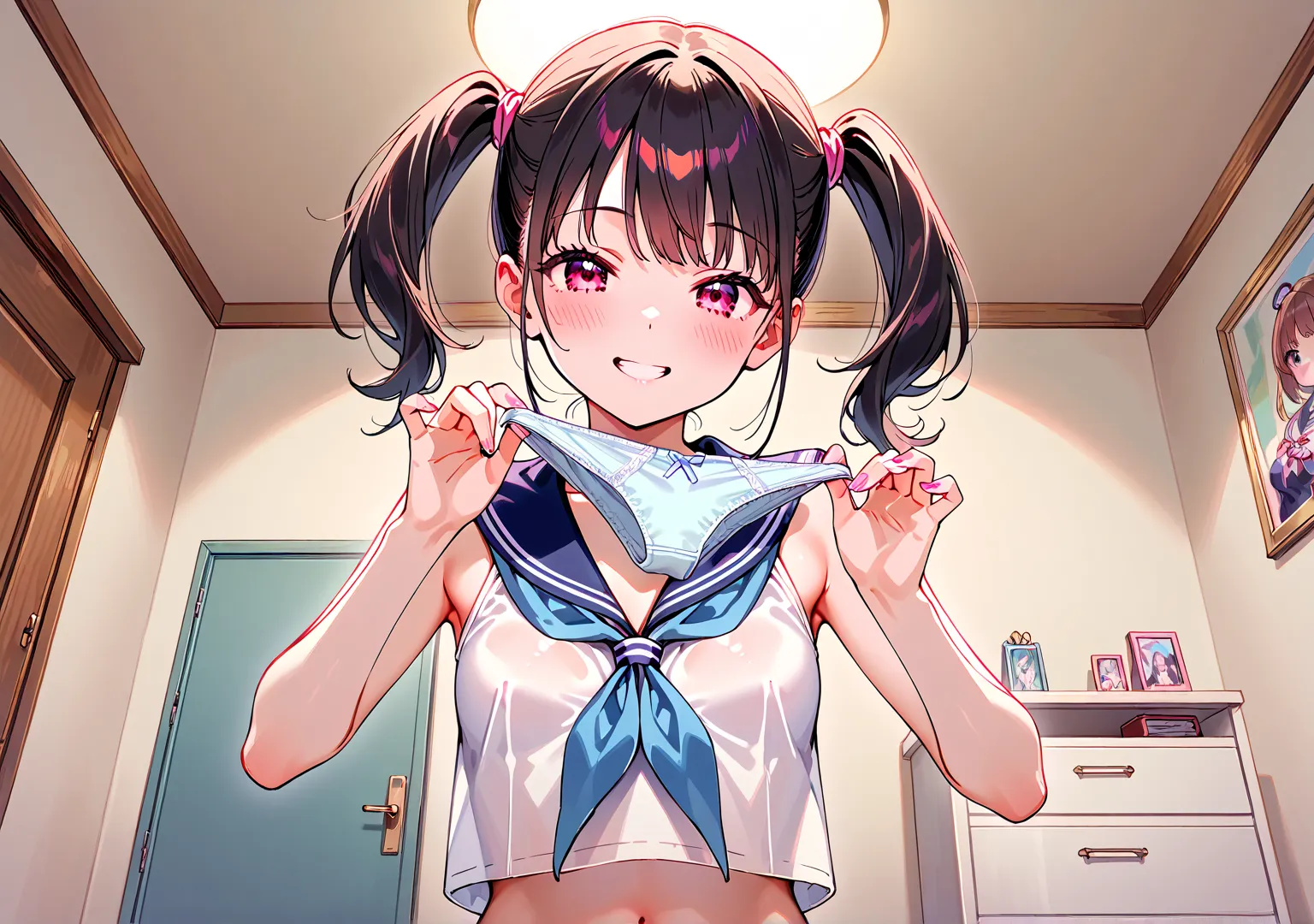 Beautiful Girl、High School Girls、younger sister、 petite body、small breasts、twin tails、Grin、sailor suit、 girly room、chest of drawers、chest of drawersの引き出しが開いている、chest of drawersの中にはランジェリー、panties in hand、holding panties with both hands、steam from panties、ch...