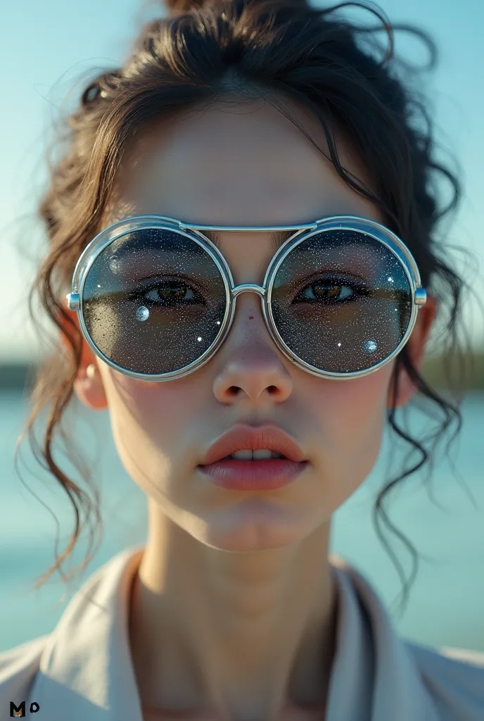 The model is wearing glass sunglasses with stars and the moon on the glass