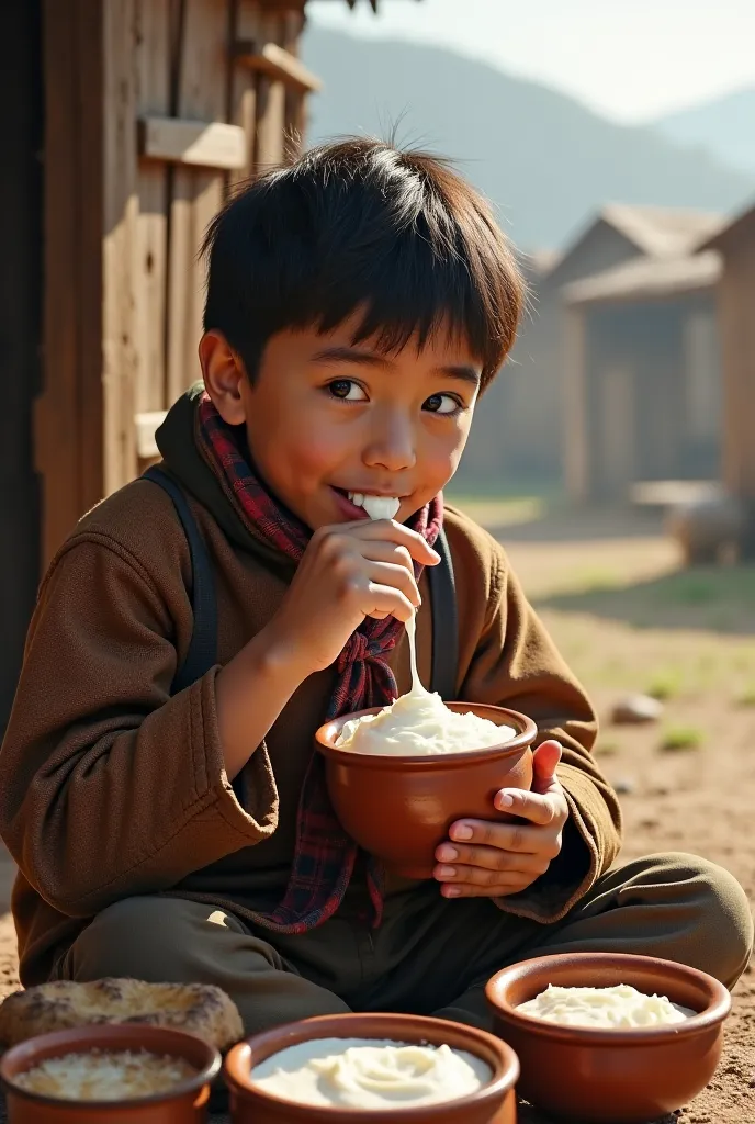 A swarthy Kazakh boy drinks kefir and eats sour cream in the village 