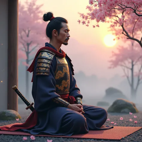 Create a serene digital artwork of a samurai meditating in a tranquil setting. The samurai kneels on a tatami mat, legs folded, back straight, exuding calm strength. His armor, a blend of polished black and crimson lacquer, gleams faintly, adorned with int...