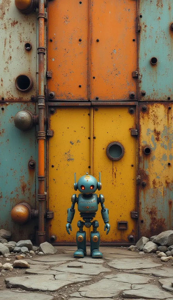 Create a scene featuring a single robot standing in front of a large, weathered industrial wall. The wall should be composed of rectangular panels in a mix of faded orange, yellow, beige, and teal hues, with visible rust, scratches, and distress marks for ...