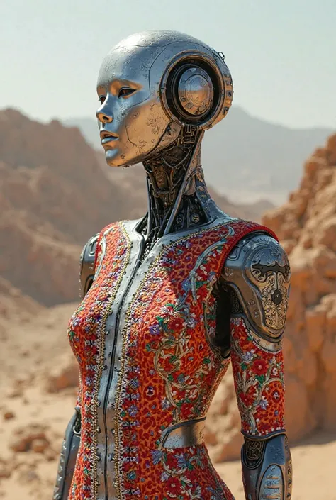 An artificial intelligence character wearing Palestinian embroidery 