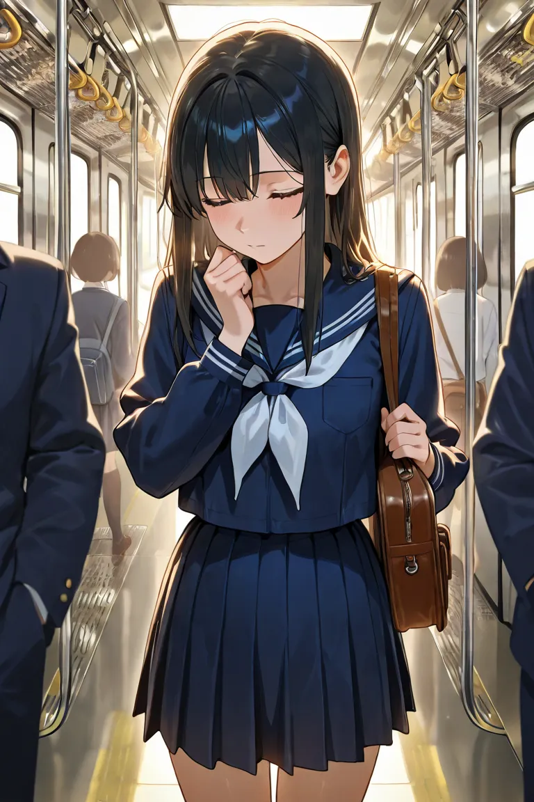 ((highest quality)), ((masterpiece)), a girl, school uniform, sailor suit, Legs, in the train, bags, standing, black hair, looking down, crowded with standing passengers, bad-tempered 