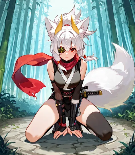 {{{best quality}}}{{{1girl}},Japanese-style ninja character with a fox motif
Purple-white {curling} hair tied in a ponytail with {red string}, {white fox ears}, {two yellow angular horns growing from the temples}, sharp red eyes, {eye patch on right eye}, ...