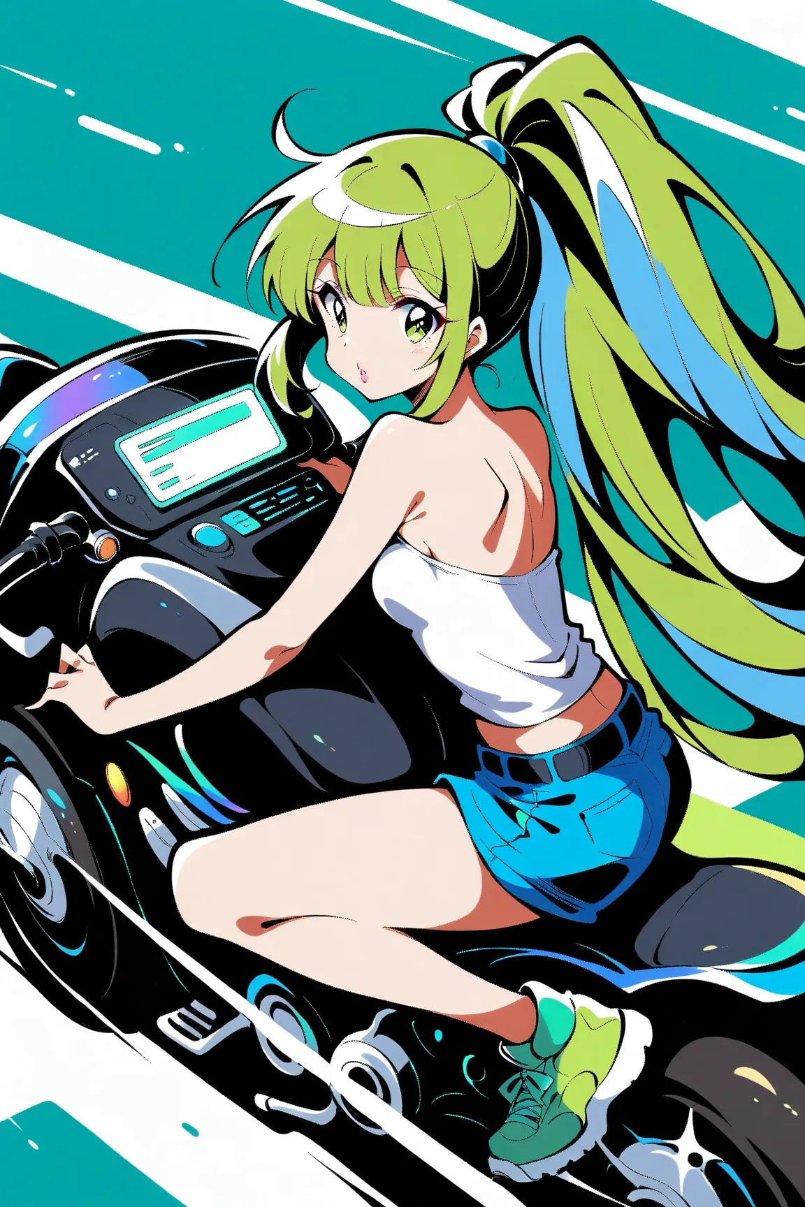 (has the best quality, sketch:1.2),practical, illustration designer  ,cunning，1 girl riding a motorcycle ， delicate lips , ， strapless， Neon long hair  ,  high ponytail green  ，sneakers。fluorescent powder and fluorescent green，Ultra wide angle，perspective。...