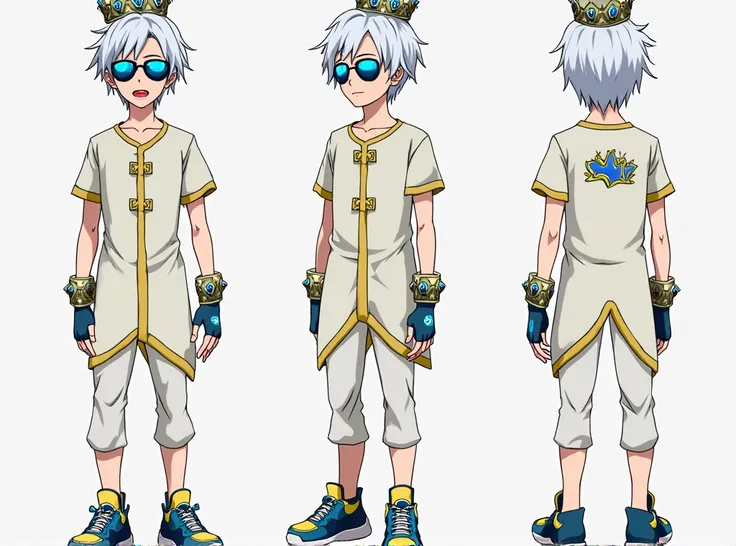 An anime about a man with short white hair, blue sunglasses, tongue out, crown with blue diamonds, simple shirt with yellow edges and a crown design in the middle,  white pants, gloves with blue and yellow edges, and sneakers with blue and yellow colors.