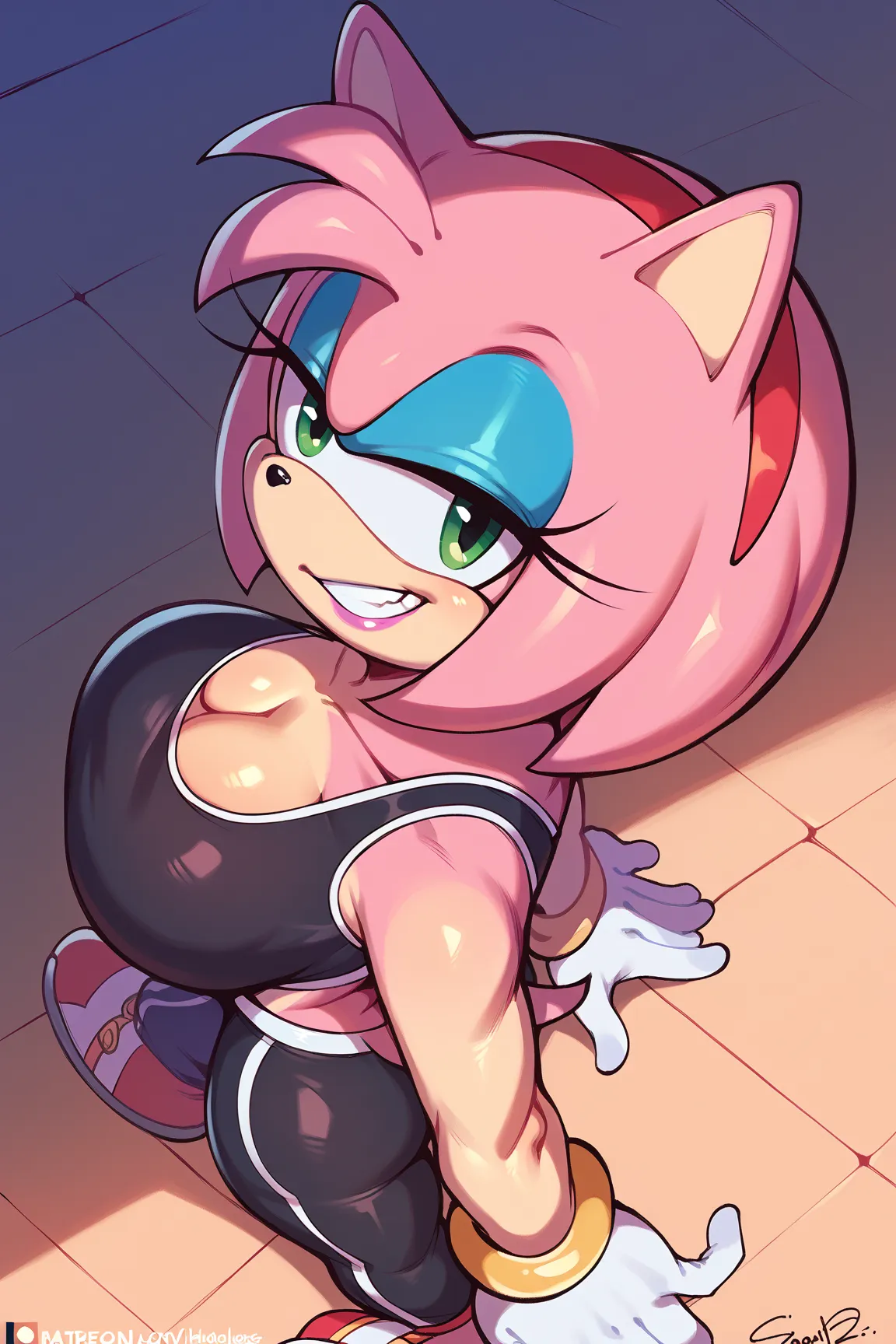 score_9, score_8_up, score_7_up,score_6_up,score_5_up, source_furry,back view, high angle,riders amy rose, 1girl, solo, huge breasts, green eyes, blue eyeshadow, pink lipstick, collarbone, furry female, looking at viewer, sexual grin, white gloves, midriff...