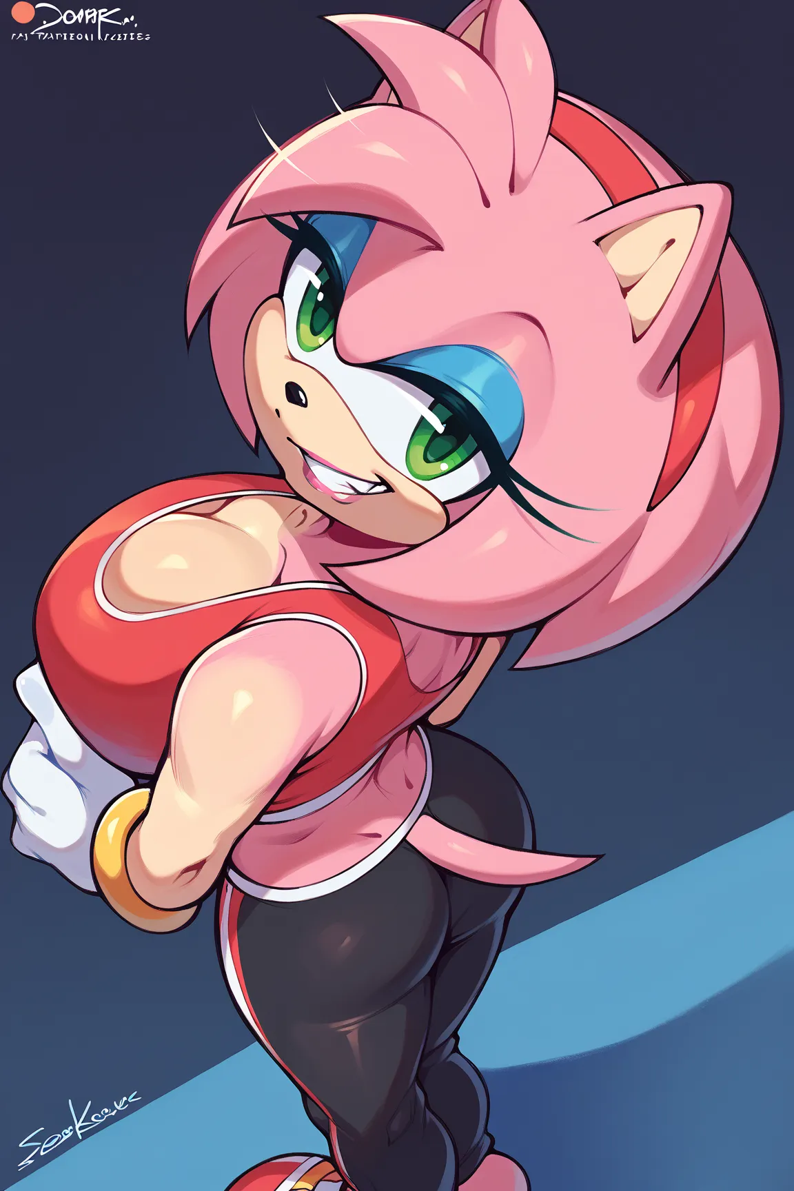 score_9, score_8_up, score_7_up,score_6_up,score_5_up, source_furry,back view, high angle,riders amy rose, 1girl, solo, huge breasts, green eyes, blue eyeshadow, pink lipstick, collarbone, furry female, looking at viewer, sexual grin, white gloves, midriff...