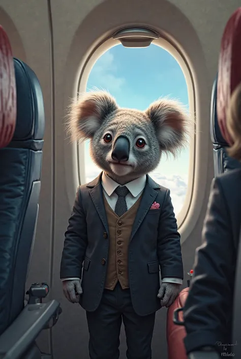 Koala with clothes flying on a passenger plane