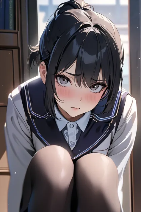 top quality, masterpiece, High Resolution, 8k, (1 girl), Alone, cute, face shot, (((schoolgirl in uniform with extended knees))), milf, ((( black hair))), (short ponytail), Mature Woman, hanging eye, Dissatisfied face, staring at the viewer