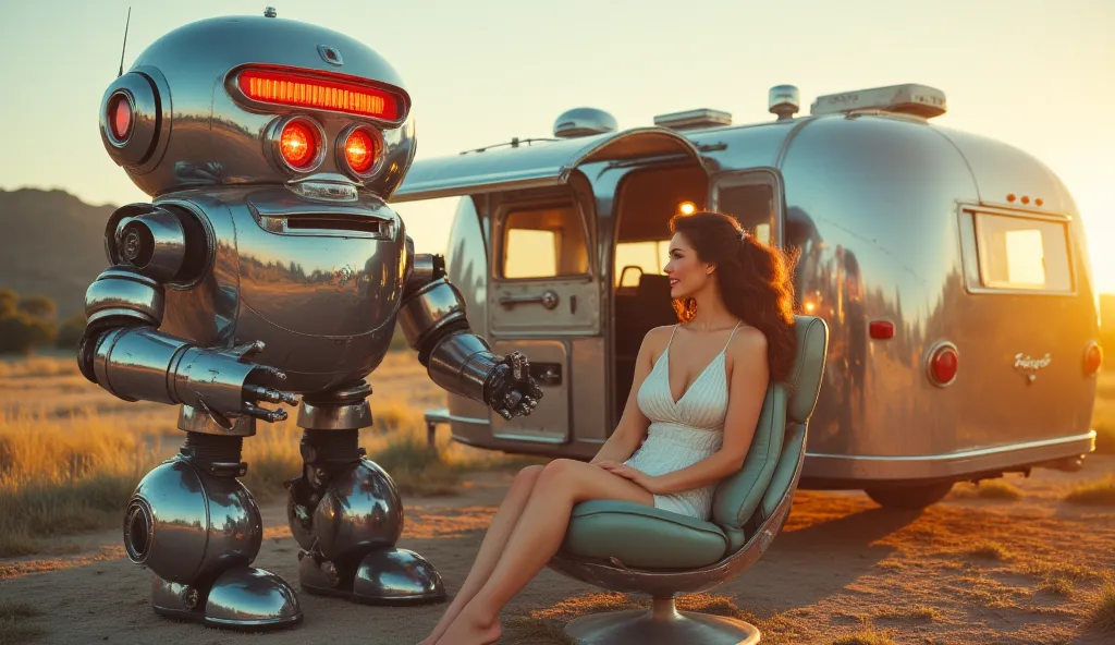 A large, retro robot with a bulky chrome body and glowing neon buttons stands next to a vintage trailer, unloading camping gear. A glamorous woman sits on a floating chair nearby, smiling as she watches the robot at work. The setting sun reflects off their...