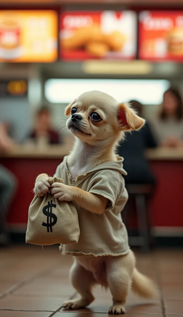 A small Chihuahua puppy stands on its hind legs inside a brightly lit KFC restaurant, its tiny frame barely reaching the counter as it gazes up with wide, round eyes. Its pale, dusty cream fur contrasts with the warm glow of the menu screens above, and its...