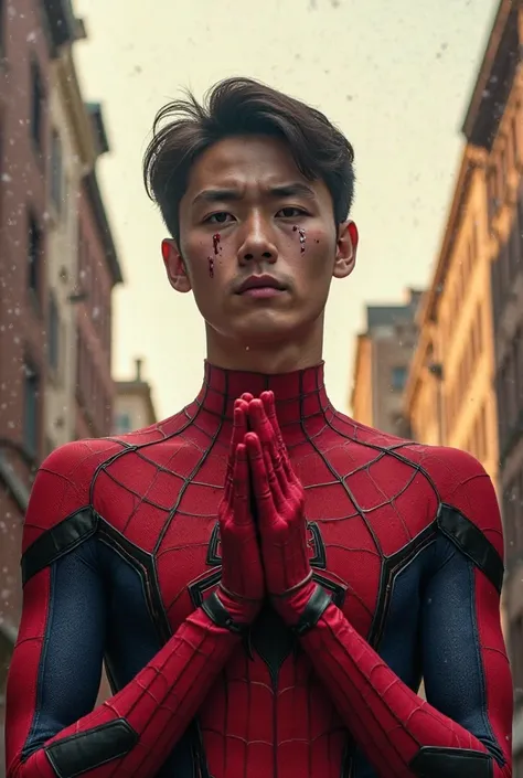 8k realistic ultra HDR A superhero, Spider-Man, is depicted in a mid-shot. He is a young man, likely in his late s or early twenties, with a light complexion. He wears a vibrant red and black suit, a superhero costume, with a spider design. He appears to b...