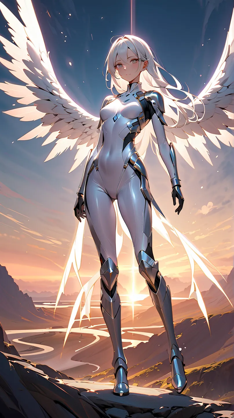 White Long Haired Girl，Chest，Small individuals，Scapula， Slim Fit， White Bodysuit，White Armor ，Iron Skirt ， Bare Thighs，Iron Boots ，Double Wings of Light ，Sky，front，full body