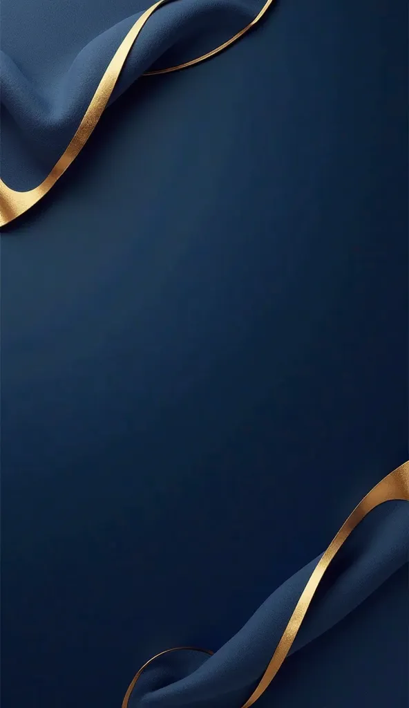 Minimalist design with a deep blue background, featuring subtle, glossy metallic gold accents along the edges. The center of the image remains clean and empty, providing a perfect area for text insertion. Smooth, fluid shapes with light folds create a soft...