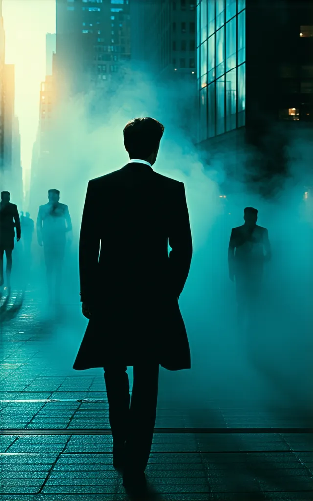 A cinematic poster for Vanilla Sky, featuring a wealthy Playboy wearing a tuxedo and walking through an empty New York City at sunrise, his shadow stretching unnaturally, faint ghostly figures lingering in reflections of glass buildings, eerie and surreal,...