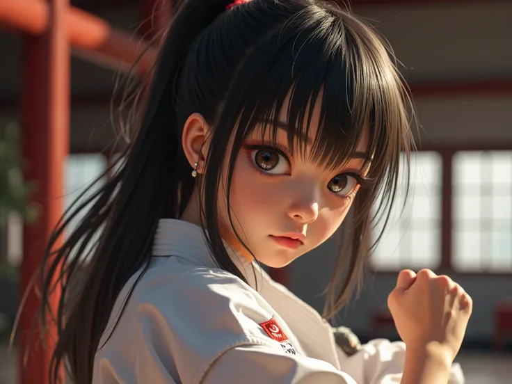  1girl 、 dojo、 tense scene for you 、Extremely close angles:1.5、a girl in a karate suit with long, damp black hair and bangs pulled up、 slightly muscular arms、Sweaty body、stick your right fist at me、provokes us with her sharp eyes while frowning、((((( Maste...