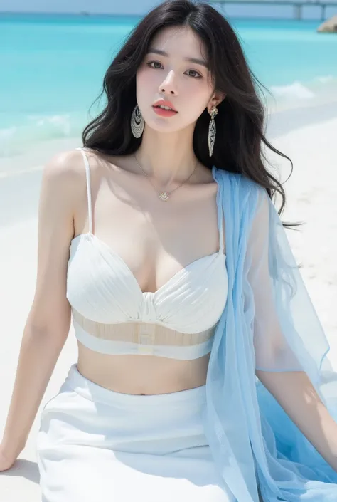 Super detailed body, super detailed face, best quality, close up, beautiful Korean female model upper body, fair skin, pretty face, brown eyes, white transparent silk with gold pinstripe top, white pencil skirt, semi-transparent blue scarf draped over shou...