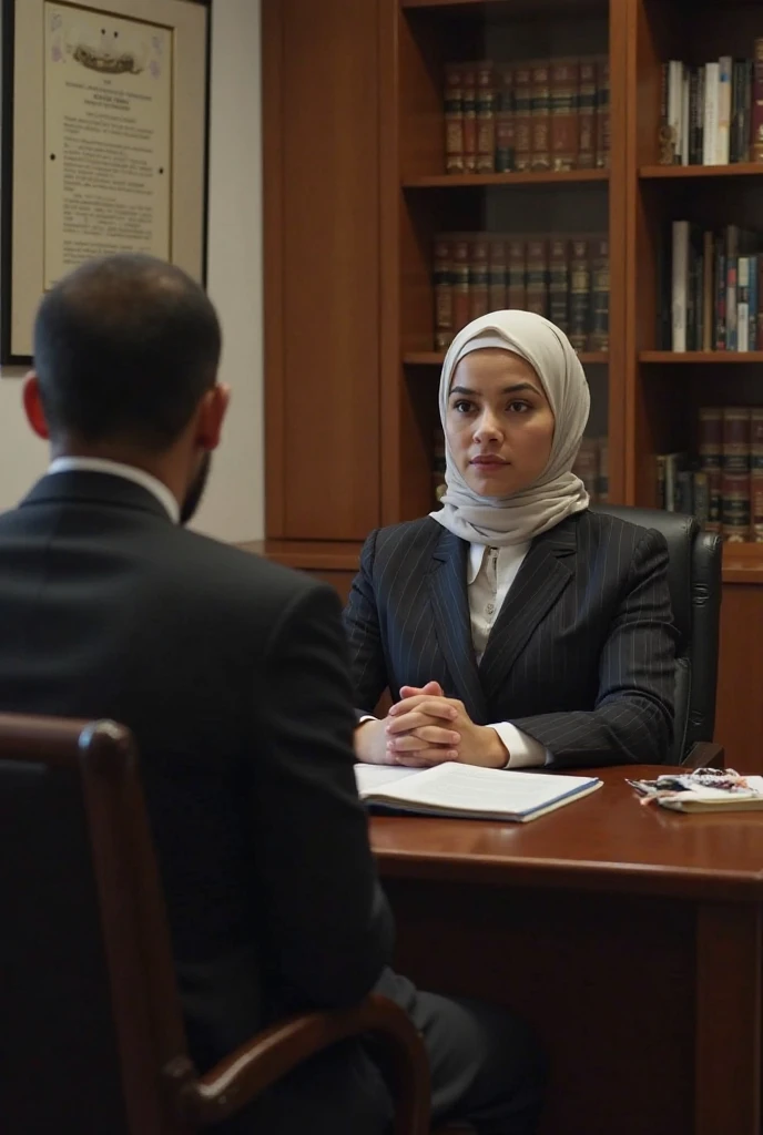 
"Inside a professional lawyer’s office, a well-dressed young female lawyer  and wear Islamic scarf.sits behind a sleek wooden desk, her eyes steady as she listens. Across from her, a desperate man—her own brother—sits with a pleading expression, seeking j...