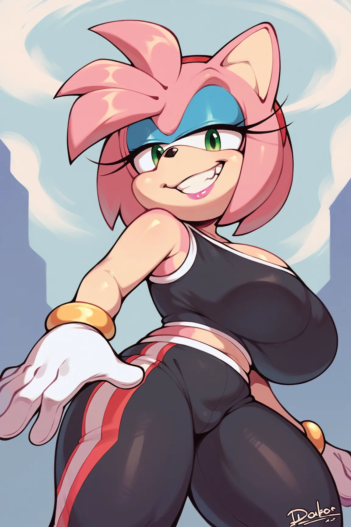 score_9, score_8_up, score_7_up,score_6_up,score_5_up, source_furry,back view, low angle,riders amy rose, 1girl, solo, huge breasts, green eyes, blue eyeshadow, pink lipstick, collarbone, furry female, looking at viewer, sexual grin, white gloves, midriff,...