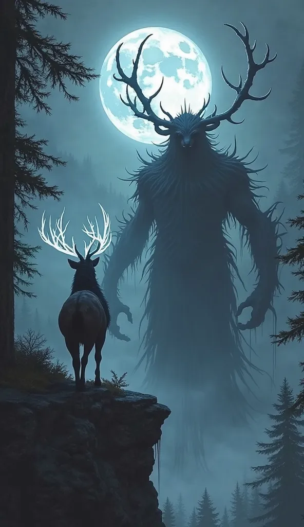 A colossal stag with glowing silver antlers stands frozen on a misty forest cliff, eyes locked onto a shadowy, humanoid wraith dripping with liquid obsidian. The full moon casts jagged, high-contrast shadows, flickering between reality and nightmare. The w...