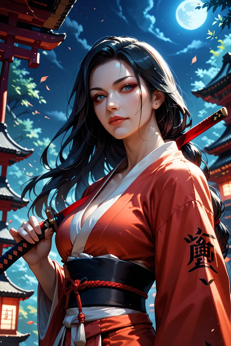 masterpiece, top quality,  beautiful woman ,  character focus , One person, upper body, long hair, samurai, Ninja,  Japanese Armor ,,In a pose holding a sword, Dynamic Angle, focus on your face,  Moonlit Night, Ancient Kyoto