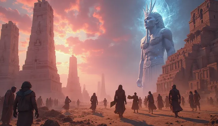 Epically styled Mesopotamian scene: weary humans, adorned in tattered robes, laboring under a radiant sky, carrying massive glowing cuneiform tablets and constructing towering ziggurats. Above, a council of majestic Anunnaki gods with ethereal skin and orn...