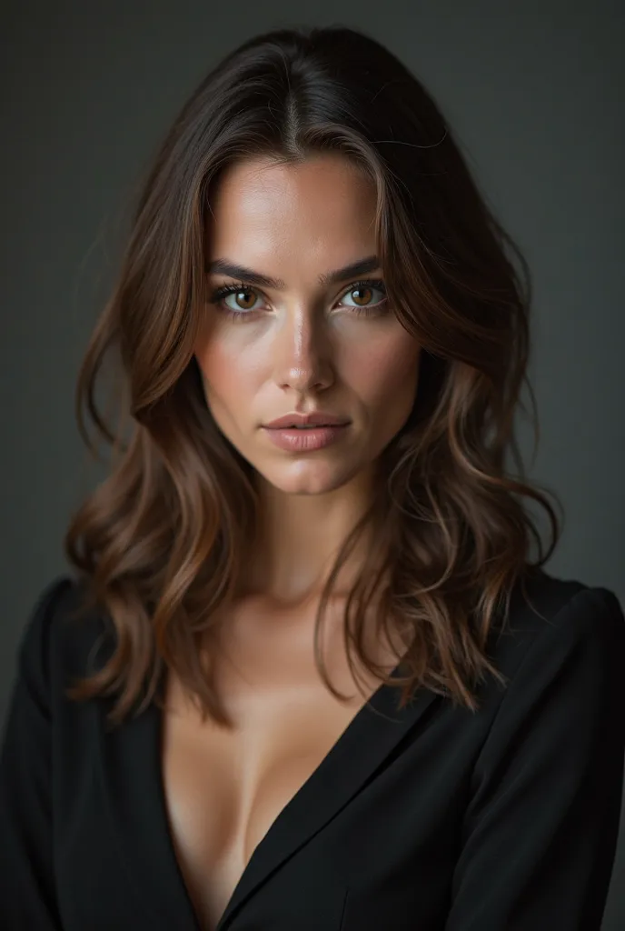 very realistic and detailed photo of attractive italian woman with piercing brown eyes, looking directly at the camera, at tv studio, high quality portrait, cinematic lighting, dramatic expression, professional studio setup, photorealistic,4k,,studio light...