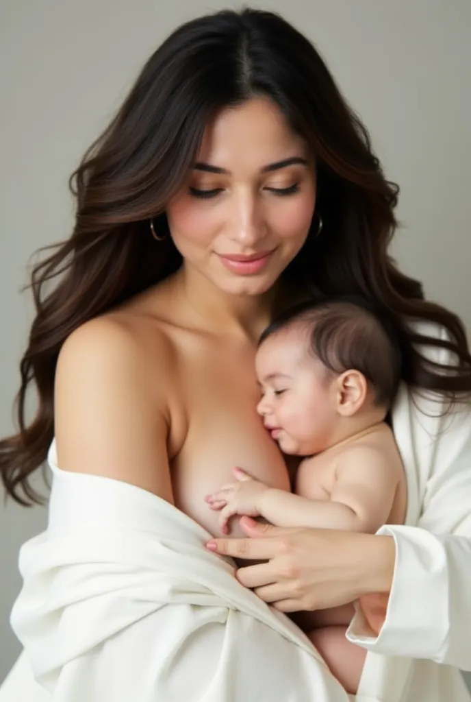 breasts, baby, 1girl, breastfeeding, large_breasts, labcoat, closed_eyes, black_hair, deep cleavage, one_breast_out, 1boy , realistic, smile, long_hair, nail_polish, breast_sucking, lips