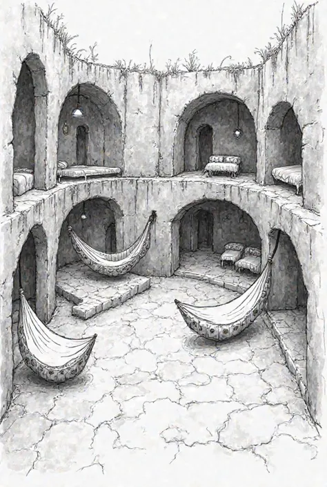 Intricate b&w sketch of an interior space with innovative spaces inside a siddha medicine wellness centre in a chettinad style with hammocks in the central courtyard and cave like maze space for meditation in the traditional chettinad style space