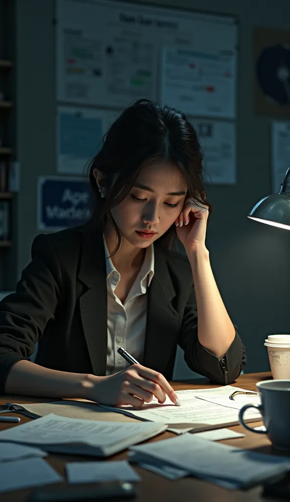 A woman working late at night, their forehead resting on their hand as they stare at a cluttered desk with scattered notes and empty coffee cups. The lighting is dim, emphasizing a slightly dramatic, tense atmosphere.