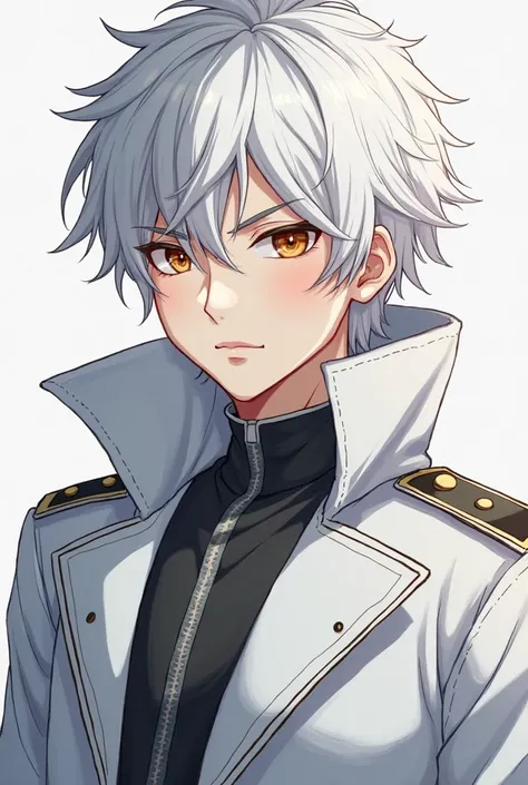 An anime 25 year old looking guy with white fluffy short hair that extends almost to the neck collar, wearing white futuristic-like military combat style coat, with a aloof, stoic good looking face, Topaz colored eyes that are almost fierce looking.