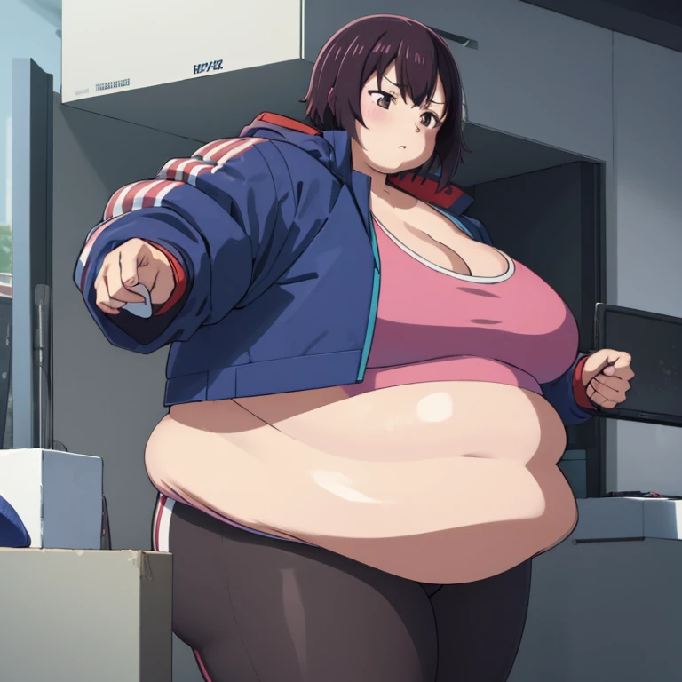 (((Masutepiece))), Crescent Shizuka Mikazuki (big fat body), 1 girl in, (obese figure:1.5), Alone, looking at the spectator, short hair, brown hair, ojos rosados,  Long Sleeves Leather, neckline, medium breasts,  medium waist , caderas medianas, wide thigh...