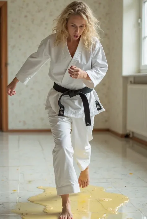 8k, young, woman, white, blond, athletic, karate outfit, barefeet, ceramic floor, slipped, slipping, salad oil, slippery, barefeet slipping, foot sliding forward, surprised face, flailing arms, stepping on oil