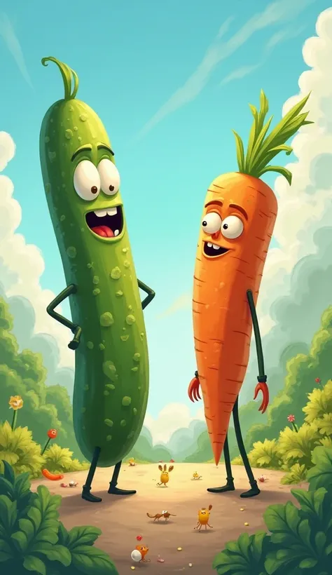 Cucumber and carrot stand face to face to fight. Cartoonish, vegetable world 