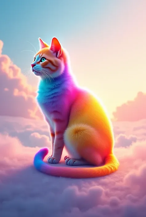 A cat entirely covered with a rainbow coat, with bright colors that fade softly into each other. His hair seems almost luminous, as if it were made of pure colored energy. His eyes shine with a magical light, reflecting all the shades of the rainbow. His p...