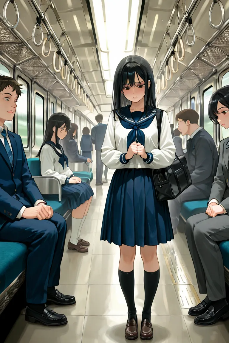 ((highest quality)), ((masterpiece)), a girl, school uniform, sailor suit, Legs, penny loafer, in the train, bags, standing, black hair, looking down, crowded with standing passengers, bad-tempered 