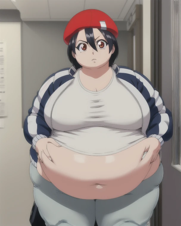  fuukoizumo ,  fuuko izumi  (big fat body), black hair, hair between the eyes, (brown eyes:1.5), short hair, BREAK shirt, camisa blanca,  jacket, open  jacket,  pants, denim, beret, (red beret:1.2), INTERRUPTION looking at the spectator,  BREAK indoors , c...