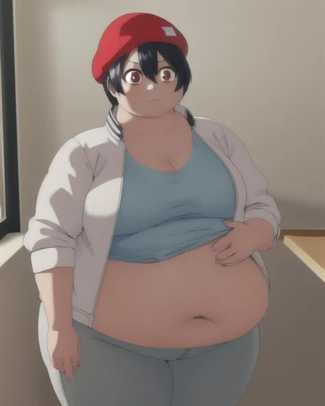  fuukoizumo ,  fuuko izumi  (big fat body), black hair, hair between the eyes, (brown eyes:1.5), short hair, BREAK shirt, camisa blanca,  jacket, open  jacket,  pants, denim, beret, (red beret:1.2), INTERRUPTION looking at the spectator,  BREAK indoors , c...