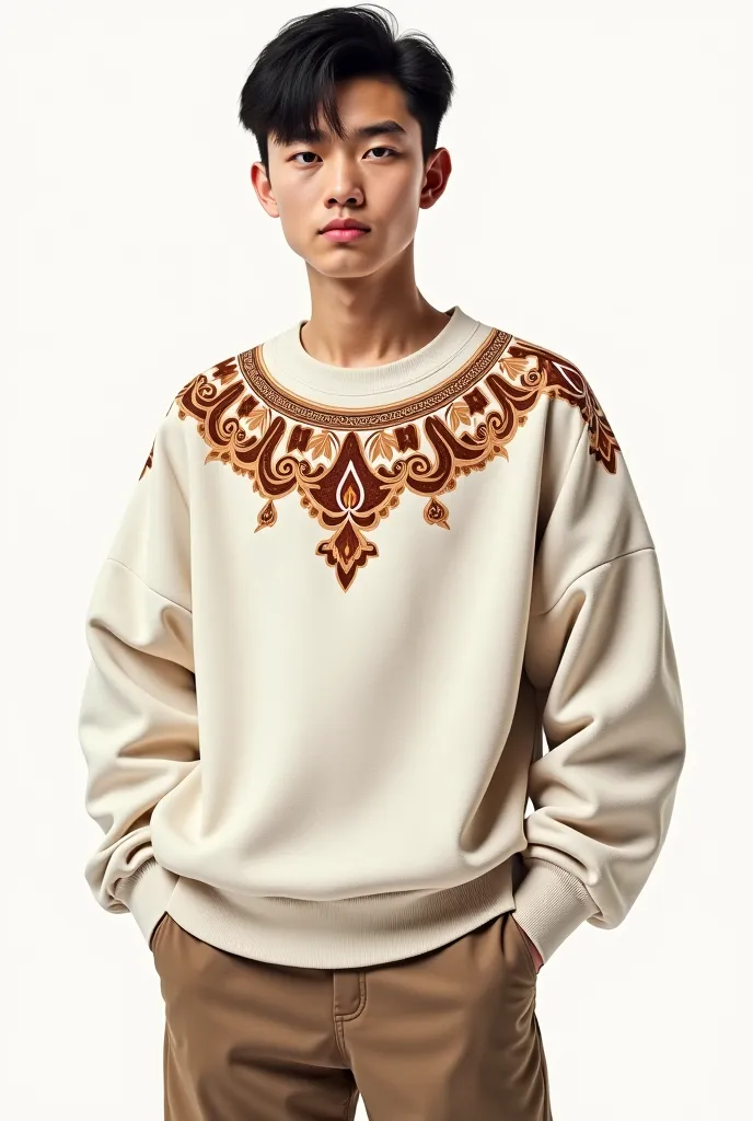 Draw an ivory sweatshirt. The sweatshirt must be oversize, modern cut, with Kazakh national ornaments, the ornaments should be brown, make them clear. Realist drawing 