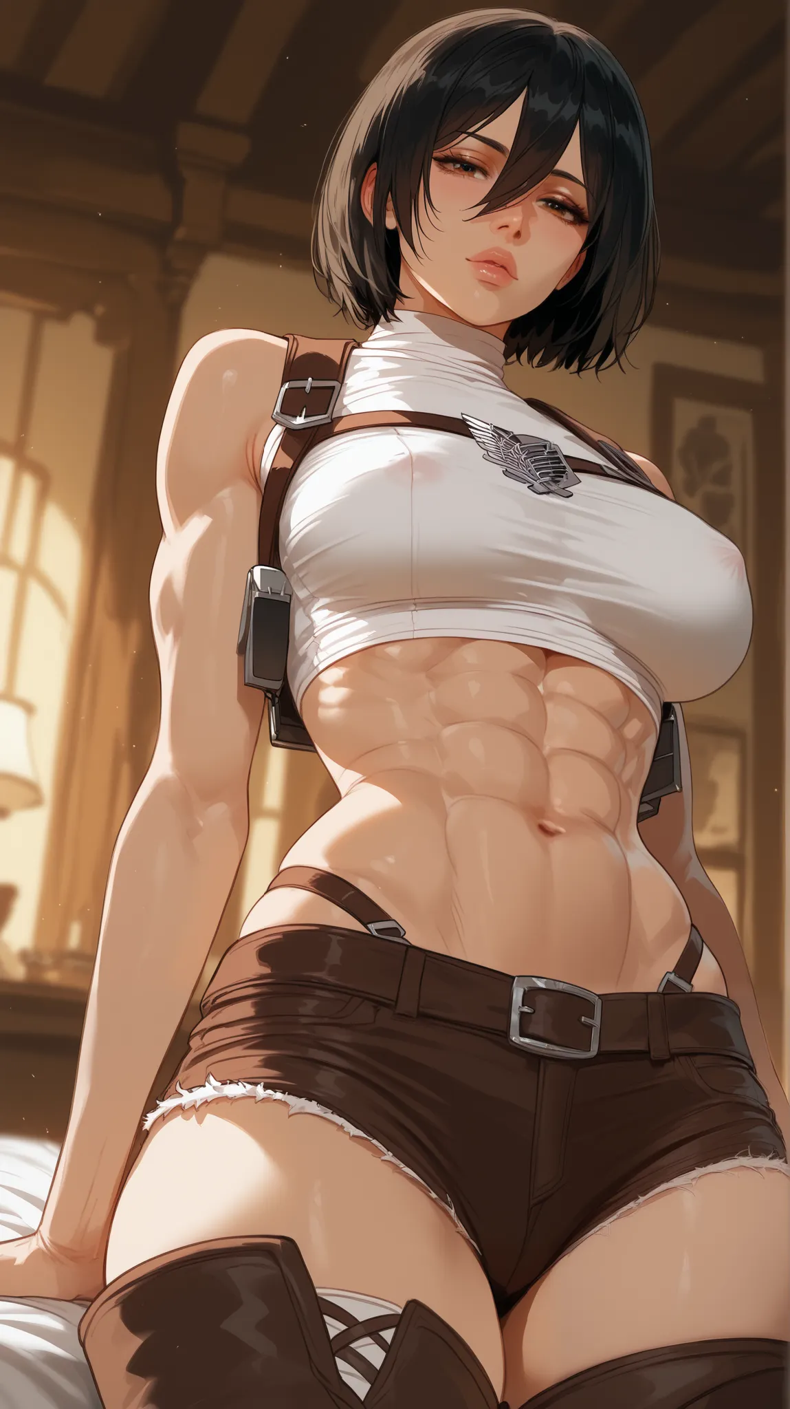  perfect eyes , perfectly sexy face, style, looking at the viewer, Mikasa Ackerman, wide hips, shorts, thigh boots, short top, apenas_shoulder,  in the bedroom, night, Back view,