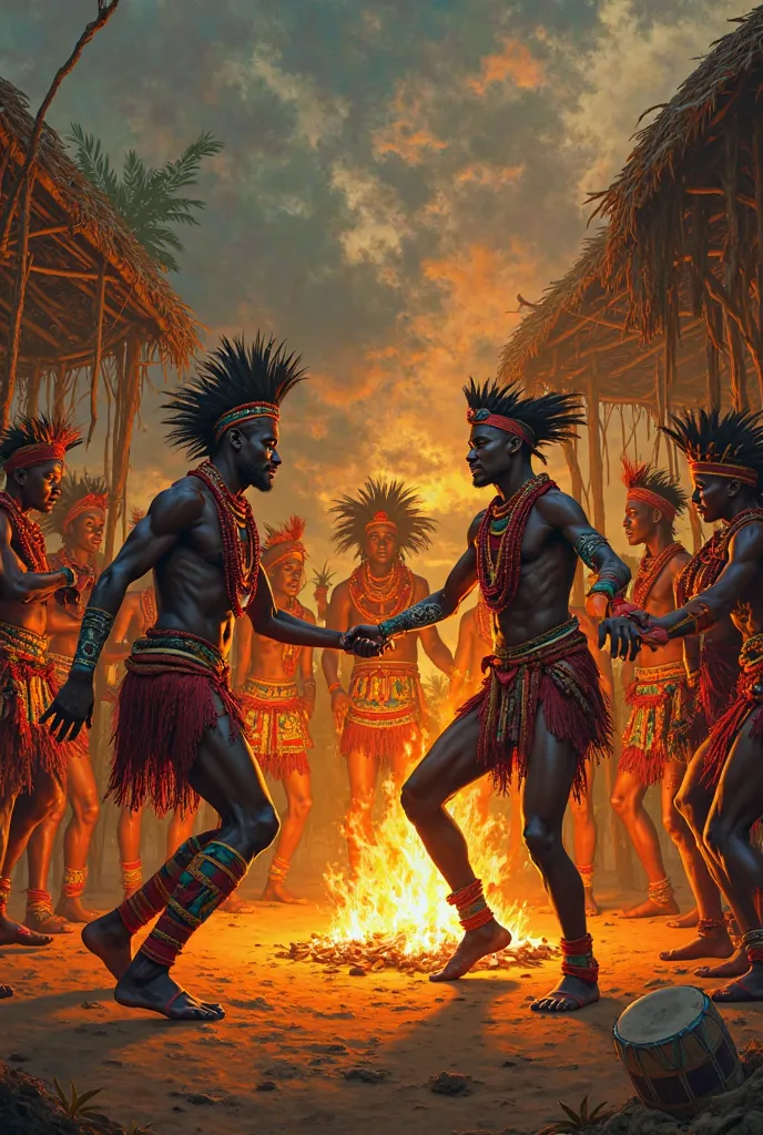 african tribe dancing infront of fire surrounded ny their stick houses and ren beating drum