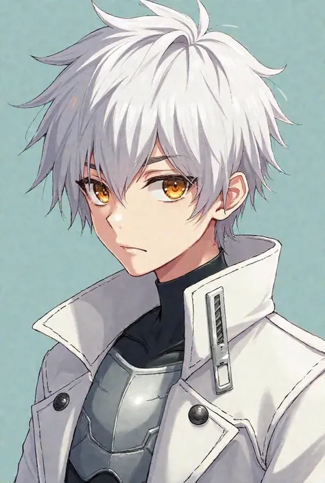 An anime 25 year old looking guy with white fluffy short hair that extends almost to the neck collar, wearing white futuristic-like military combat style coat and silver thin chestplate underneath, with a aloof, stoic, calm, good looking face, Topaz colore...