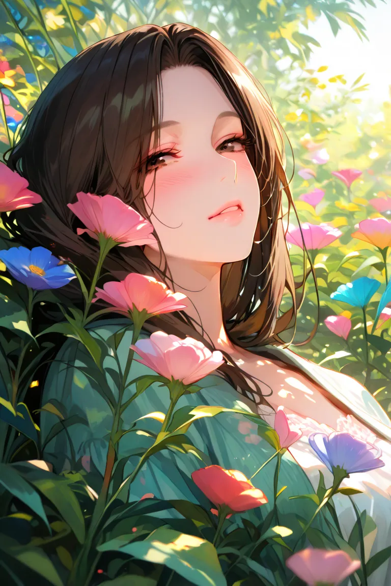 realistic, 1girl, dark hair, dark brown eyes, bright eyes, split lips, blush, cute, garden, day, flowers.  