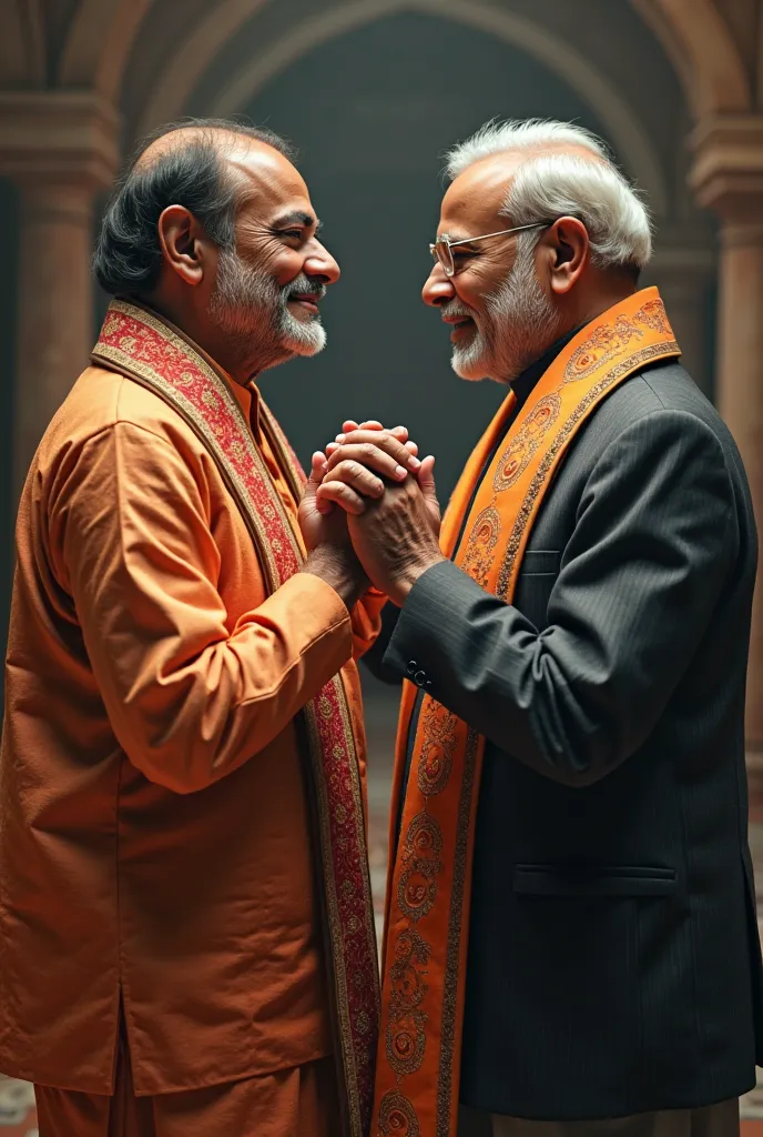 Get me a pic of rahul gandi in pure hindu dress and modi in Chrisian dress and hold there hand with smile in there face make a ultra realistic with cinematic tone